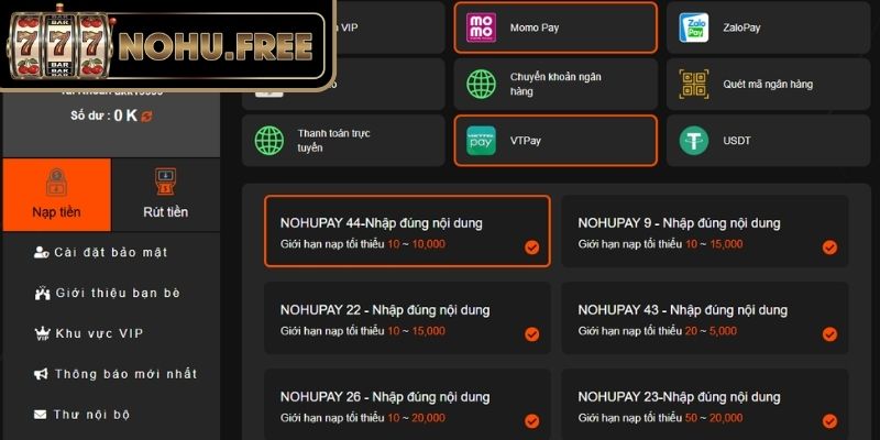 Các phương thức nạp và rút tiền đang được hỗ trợ